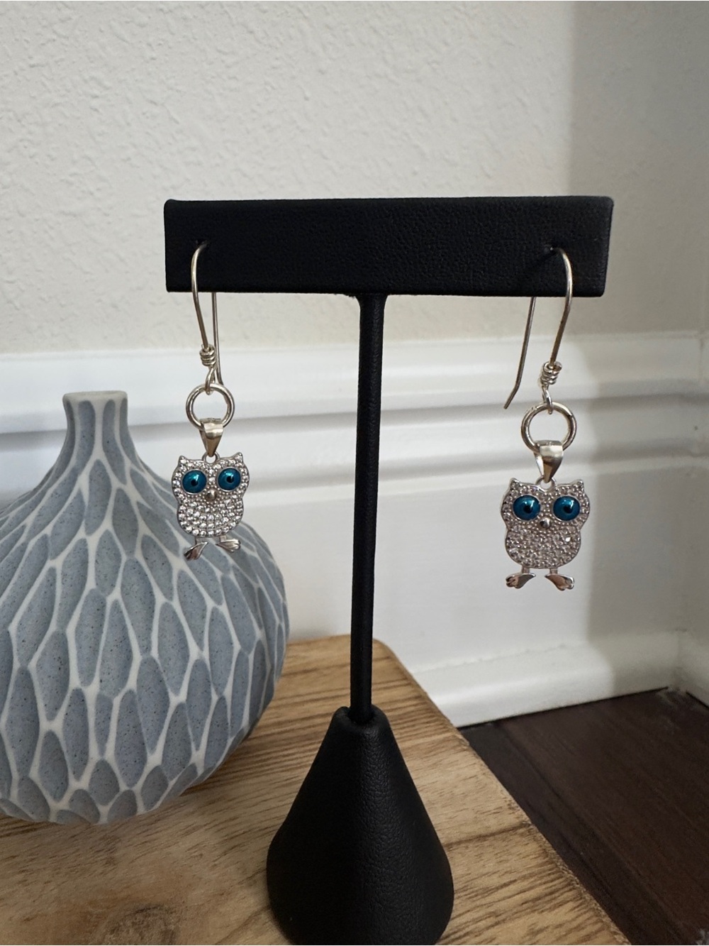 NWOT Sterling Silver Owl Drop Earrings with Crystal s and Blue-green Eyes